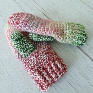 Bordó - zöld / horgolt egyujjas kesztyű. S-M méretű. / Színátmenetes, vastag, meleg és puha egyujjas kesztyű, Ruha & Divat, Sál, Sapka, Kendő, Kesztyű, Horgolás, MESKA