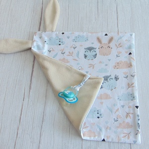 Nyuszi füles szundikendő / nyuszi és bagoly mintás - bézs, Baba - mama, Baba játékok, Szundikendő, alvóka, Varrás, MESKA