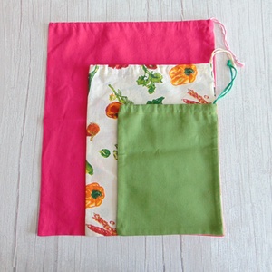 Textil zsák csomag / zöld - zöldségek - pink - táska & tok - bevásárlás & shopper táska - zöldség/gyümölcs zsák - Meska.hu