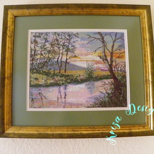 Kézzel hímzett tűgobelin kép - Naplemente tájkép, Művészet, Textilkép, Gobelin, Hímzés, MESKA