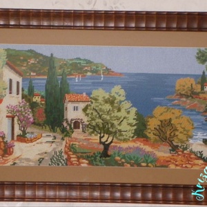 Kézzel hímzett gobelin kép - Mediterrán panoráma tájkép - Meska.hu