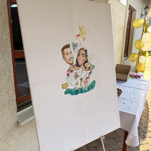 Esküvőre karikatúrás üzenőfal 80x120 cm vászonra, Művészet, Grafika & Illusztráció, Egyéb rajzok, , MESKA