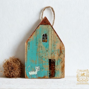 Házikó cirmossal - Rusztikus Fatábla, Ajándék ötlet - Egyedi Falidísz, Házikó, Macska, Cica - Meska.hu