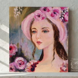 Kalapos hölgy rózsákkal - Laczó Ágnes kortárs festő/grafikus művész - Meska.hu