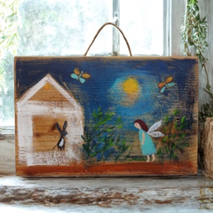 Kiscsacsi és lepketánc - Rusztikus Festett Fatábla - Falra akasztható - Karácsonyi Ajándék ötlet - Angyal, Gyerekszoba, Otthon & Életmód, Dekoráció, Fali és függő dekoráció, Függődísz, Famegmunkálás, Festett tárgyak, MESKA