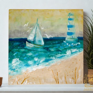 Vitorlás, Sirályok, Világítótorony - Laczó Ágnes kortárs festő/grafikus művész , Művészet, Festmény, Akril, Festészet, Fotó, grafika, rajz, illusztráció, MESKA