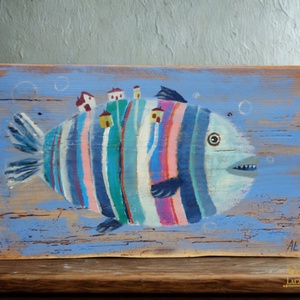 Halacska hátán házikók - Rusztikus Fatábla, Ajándék ötlet, Gyerekszoba, Egyedi Falikép - Meska.hu