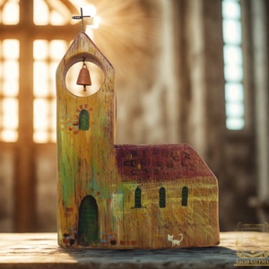 Templom fehér cicával - Antik tölgyfa - Egyedi dekoráció, ajándék ötlet, Gyerekszoba, Karácsony, Kiscica, Harang - Meska.hu