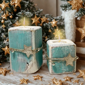 Rusztikus Fa Mécsestartó - 2 db. - Ajándék ötlet - Fehér, Arany, Türkiz - Meska.hu