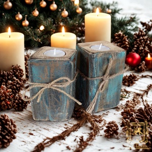 Rusztikus Fa Mécsestartó - 2 db. - Ajándék ötlet - Fekete, Bronz, Türkiz, Otthon & Életmód, Dekoráció, Fali és függő dekoráció, Függődísz, Famegmunkálás, Festett tárgyak, MESKA