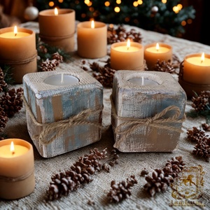 Rusztikus Fa Mécsestartó - 2 db. - Ajándék ötlet - Fehér , Bronz, Vintage Kék , Otthon & Életmód, Dekoráció, Fali és függő dekoráció, Függődísz, Famegmunkálás, Festett tárgyak, MESKA