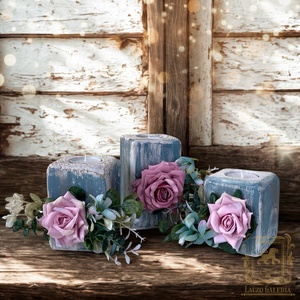 Rusztikus Fa Mécsestartó - 3 db. - Ajándék ötlet - Karácsony, Esküvő, Fehér, kék, ezüst, művirággal - Meska.hu