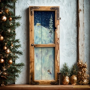 Havas Éjjelen - Ajándék ötlet, Rusztikus Dekoráció,  Fatábla, Ablak, Havas, Tél, Fenyőfa, Gyerekszoba - Meska.hu