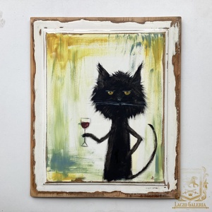 Ez egy ilyen nap - Laczó Ágnes kortárs festő/grafikus művész- Eredeti Akril Festmény, Fekete macska - Meska.hu