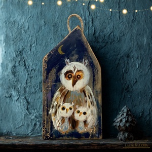 Bagoly mama kicsikkel - Rusztikus Festett Fatábla - Falra akasztható - Ajándék ötlet - Gyerekszoba, Karácsony - Meska.hu