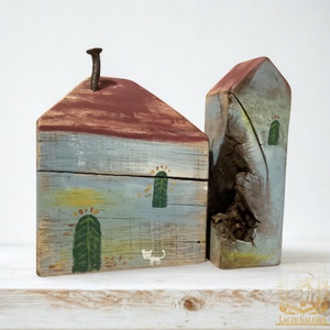 Könyvtámasz - Tölgyfa - Polc dísz, Faházikó - Ajándék ötlet, Rusztikus Dekoráció, Ház, Házikó, Cica, Macska, 1 pár - Meska.hu