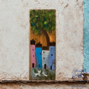 Tavaszi-Nyári este - Rusztikus Festett Fatábla - Falra akasztható - Ajándék ötlet, Cica, Ház, Macska - Meska.hu