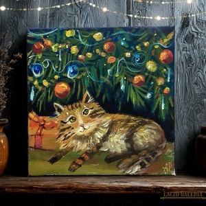 Karácsonyi macska cicó  - Eredeti Akril Festmény Vásznon - Laczó Ágnes kortárs festő/grafikus művész - Macska, Cica - Meska.hu