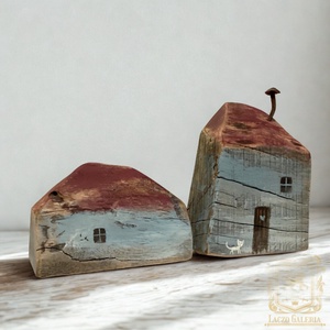 Könyvtámasz - Tölgyfa - Polc dísz, Faházikó - Ajándék ötlet, Rusztikus Dekoráció, Ház, Házikó, Cica, Macska, 1 pár - Meska.hu