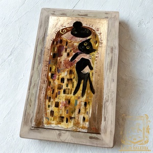 Hogy imádnám - Rusztikus Fatábla, Egyedi Falikép, Akril Festmény - Klimt után szabadon, Fekete macska, Cica - Meska.hu