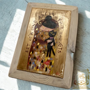 Hogy imádnám - Rusztikus Fatábla, Egyedi Falikép, Akril Festmény - Klimt után szabadon, Fekete macska, Cica - Meska.hu