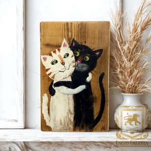 Kormi és mátkája - Rusztikus Fatábla, Ajándék ötlet - Egyedi Falidísz, Macska, Cica - Meska.hu