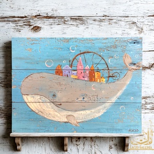 Cet-falu - Rusztikus Fatábla, Ajándék ötlet, Gyerekszoba - Egyedi Falidísz, Tenger, Bálna - Meska.hu