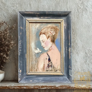 Csendes találkozás - Női portré  - Eredeti Akril festmény Szép régi fa keretben - Laczó Ágnes  - Meska.hu