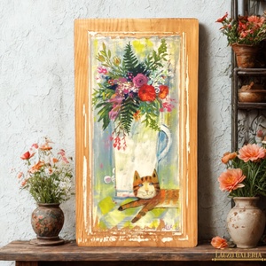 Délutáni szieszta - Rusztikus Fatábla, Egyedi Falikép, Akril Festmény - Virágok - Macska - Cica - Egér - Meska.hu