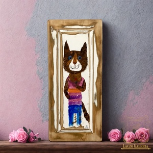 Egy szál virág - Rusztikus Fatábla, Egyedi Falikép, Akril Festmény - Virágok - Macska - Cica, Otthon & Életmód, Dekoráció, Fali és függő dekoráció, Falra akasztható dekor, Festészet, Famegmunkálás, MESKA