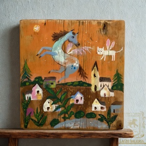 Első szárnycsapások - Rusztikus Fatábla, Ajándék ötlet - Egyedi Falidísz, Gyerekszoba, Lovacska, Házak, Cica, Macska - Meska.hu