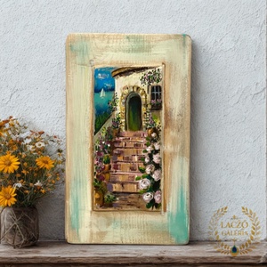 Tengerparti nyaraló - Ajándék ötlet, Rusztikus Dekoráció,  Fatábla, Tenger, Virágok, Vitorlás, Ház, Otthon & Életmód, Dekoráció, Fali és függő dekoráció, Falra akasztható dekor, Festett tárgyak, Újrahasznosított alapanyagból készült termékek, MESKA