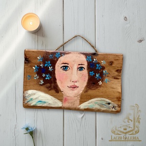 Búzavirág - Rusztikus Festett Fa,  Angyal - Falra akasztható - Ajándék ötlet - Meska.hu