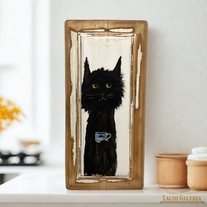 Morcos Kormi feketén szereti - Rusztikus Fatábla, Egyedi Falikép, Akril Festmény - Macska - Cica - Meska.hu