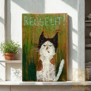 Reggelit! - Rusztikus Fatábla, Vicces Ajándék ötlet - Egyedi Falidísz, Konyha, Macska, Cica - Meska.hu