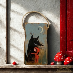 Szereti, meg nem eszi - Rusztikus Festett Fatábla - Piroska és a Farkas, Falra akasztható - Ajándék ötlet - Gyerekszoba - Meska.hu