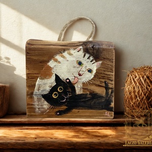 Reggeli mosdatás - Rusztikus Fatábla, Egyedi Falikép, Akril Festmény - Macska - Cica - Kormos - Meska.hu