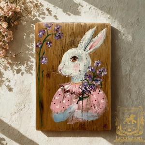 Virággyűjtő nyuszi - Rusztikus Fatábla, Gyerekszoba, Egyedi Falidísz, Húsvét, Virág, Nyúl, Nyuszi, Falikép - Meska.hu