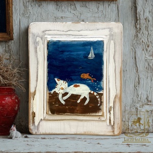 Mit kívánsz? - Rusztikus Fatábla, Egyedi Falikép, Akril Festmény - Cirmos, Cica, Macska, Hal, Vitorlás, Tenger - Meska.hu
