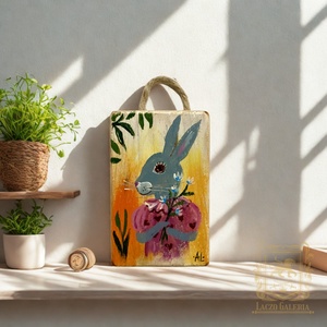 Virággyűjtő nyuszi - Rusztikus Fatábla, Gyerekszoba, Egyedi Falidísz, Húsvét, Virág, Nyúl, Nyuszi, Falikép - Meska.hu