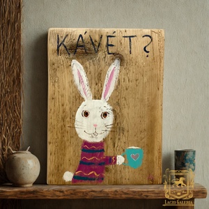 Ki kér Kávét? - Rusztikus Fatábla, Vicces Ajándék ötlet - Egyedi Falidísz, Konyha, Nyuszi, Nyúl, Otthon & Életmód, Dekoráció, Fali és függő dekoráció, Falra akasztható dekor, Festett tárgyak, Újrahasznosított alapanyagból készült termékek, Rusztikus fára festett, egyedi falikép.

Laczó Ágnes kortárs festő/grafikus művész munkája.

kb. 22..., MESKA