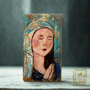 Kék és Arany - Rusztikus Festett Fa, Dekoráció - Falra akasztható - Ajándék ötlet, Angyal, Szent, Madonna, nő - Meska.hu