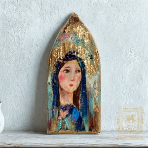 Arany csillogás - Rusztikus Festett Fa, Dekoráció - Falra akasztható - Ajándék ötlet, Angyal, Szent, Madonna - Meska.hu