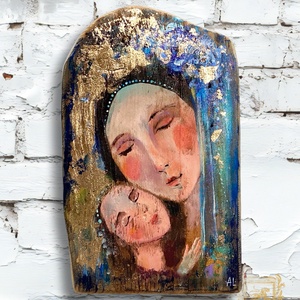 Kék fátyol  - Rusztikus Festett Fa, Dekoráció, Falikép, Festmény - Falra akasztható - Ajándék ötlet. Nő, Madonna - Meska.hu