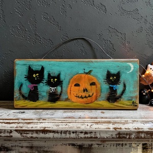 3 Kormi és a Halloween Tök - Rusztikus Fatábla, Vicces Ajándék ötlet - Egyedi Falidísz, Macska, Cica, Falikép - Meska.hu
