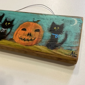 3 Kormi és a Halloween Tök - Rusztikus Fatábla, Vicces Ajándék ötlet - Egyedi Falidísz, Macska, Cica, Falikép - otthon & életmód - dekoráció - halloween - halloweeni dekoráció - Meska.hu