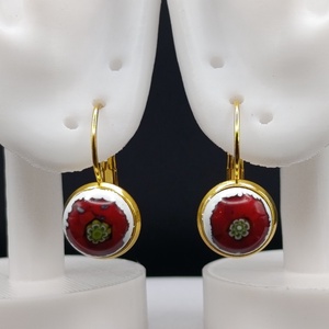  Piros virág fehér alapon, Ékszer, Fülbevaló, Lógó fülbevaló, Üvegművészet, Ékszerkészítés, MESKA