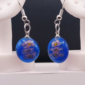 Halványlila virágok kék  alapon  - ékszer - fülbevaló - lógó fülbevaló - Meska.hu