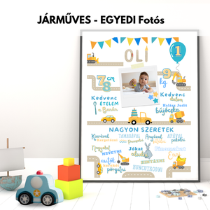  Járműves Szülinapi Kép - Poszter egyedi fotóval / egy éves lettem vagy sokadik szülinapra, Otthon & Életmód, Babaszoba, gyerekszoba, Babaszoba kép, Fotó, grafika, rajz, illusztráció, MESKA