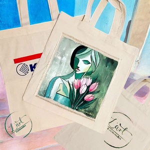 Kézzel festett modern tulipános táska, művészet és újrahasznosítás találkozása  - táska & tok - bevásárlás & shopper táska - kenyeres zsák - Meska.hu